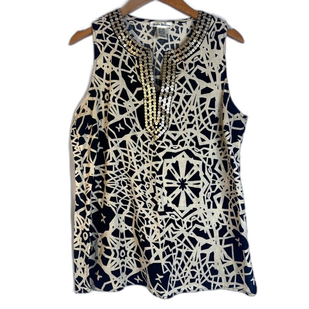 Susan Bristol Bold Black Tan Abstract Geo Print Linen Blend Tank Blouse Size LRG